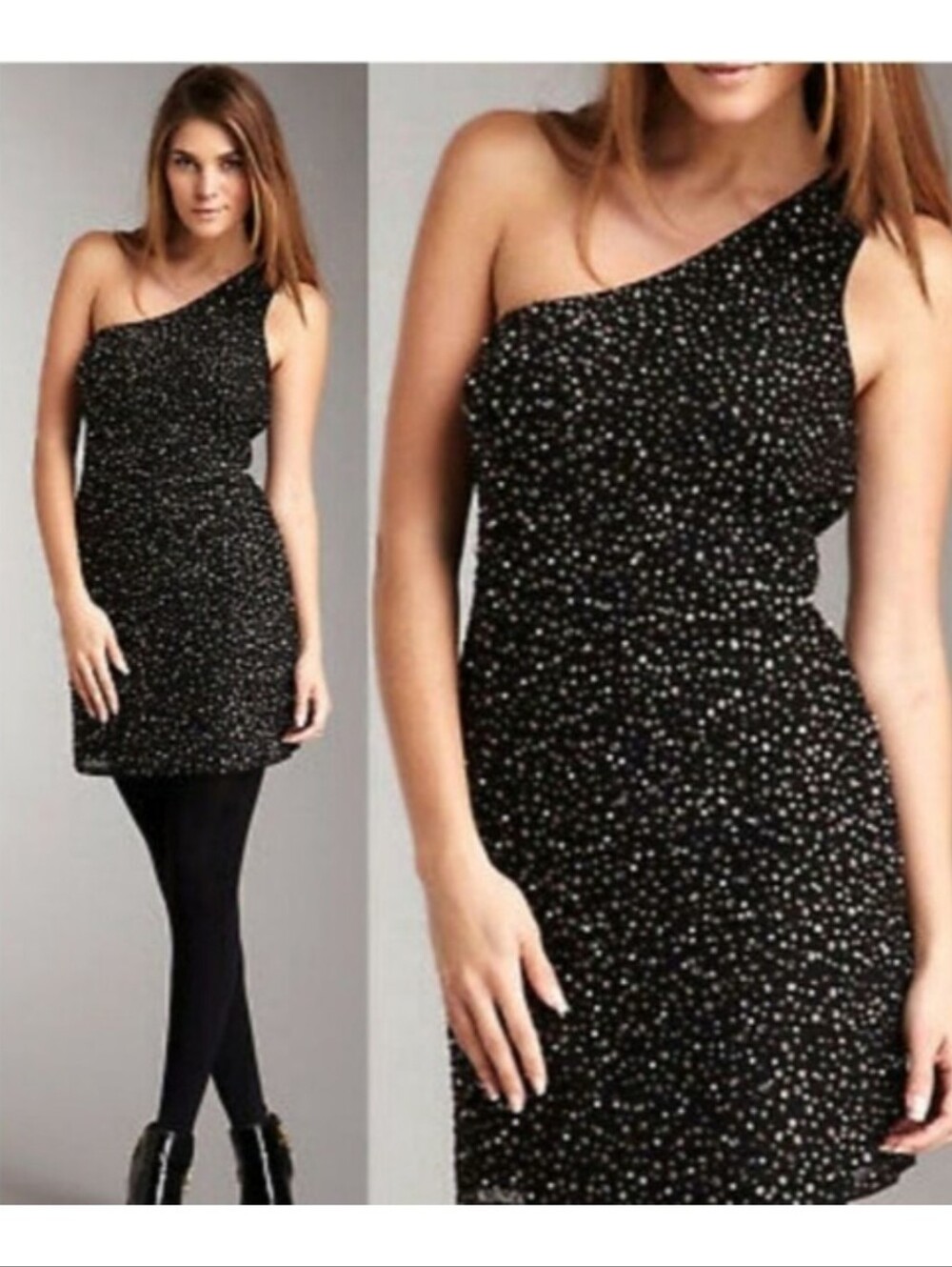 NEW French Connection Starstruck Asymmetric Studded Dress - Size 8 - Black Metal